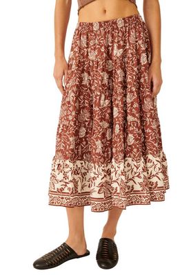Free People Full Swing Floral Border Detail Cotton Blend Midi Skirt in Chocolate Combo