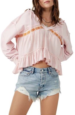Free People Harry Mix Media Ruffle Cotton Hoodie in Pink Champagne