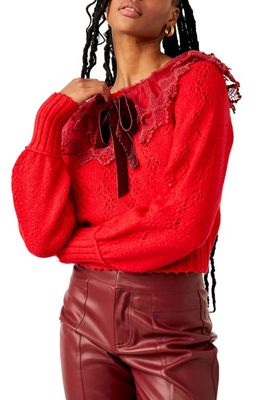 Free People Hold Me Closer Lace Yoke Sweater in Red Garnet Combo
