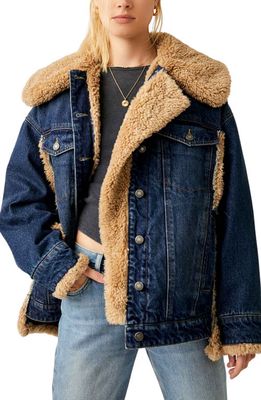 Free People Holly Oversize Denim Jacket with Faux Fur Trim in Rinse Combo