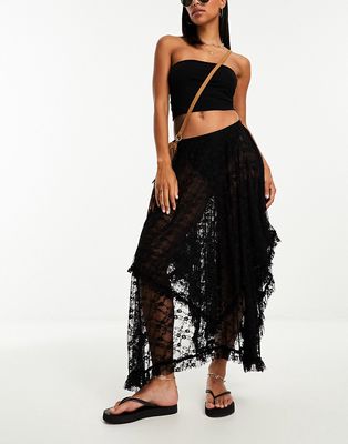 Free People lace asymmetric midi skirt in black