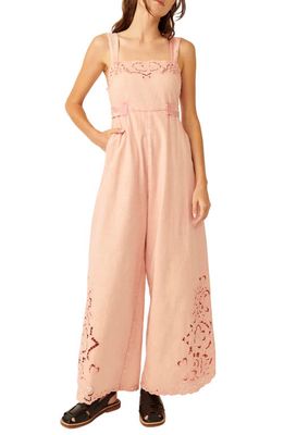 Free People Leighton Embroidery Detail Wide Leg Cotton Jumpsuit in Rosey Rose