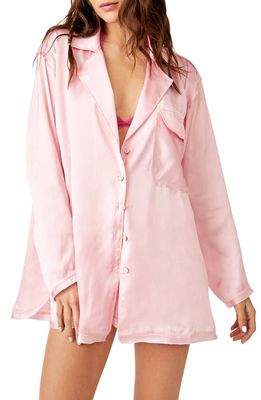 Free People Like Honey Long-Sleeve Satin Pajama Shirt in Cherry Blossom