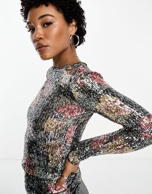 Free People long sleeve floral sequin top in silver