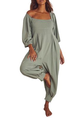 Free People Lotta Love Balloon Sleeve Cotton Jersey Jumpsuit in Washed Army