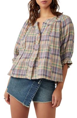 Free People Lucy Plaid Swing Shirt in Au Lait