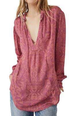 Free People Mia Floral Print Tie Neck Tunic Top in Rouge Combo
