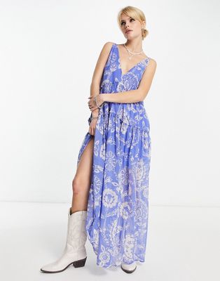 Free People paisley print v-neck floaty midaxi dress in bluebell