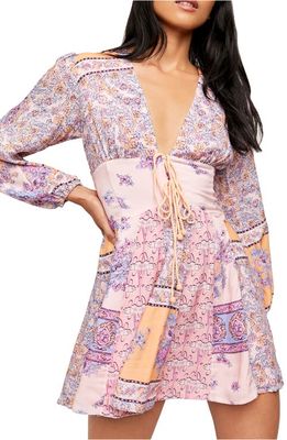 Free People Plunge Neck Long Sleeve Dress in Peach Combo
