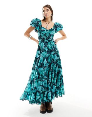 Free People puff sleeve floral print tiered midaxi dress in blue green