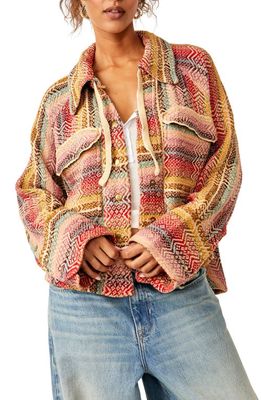 Free People Rainbow Rays Cotton Snap-Up Drawstring Cotton Overshirt in Sunset Comb0