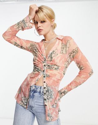 Free People retro bloom mesh shirt in peach-Pink