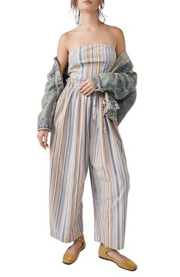 Free People Roaming Shore Stripe Strapless Cotton Romper in Blue Combo