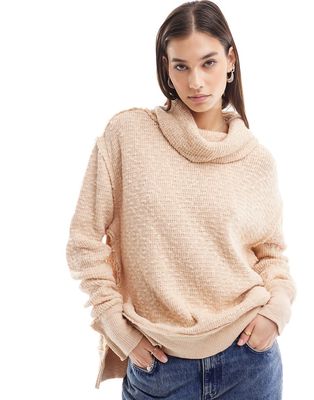 Free People roll neck slouchy sweater in camel-Brown