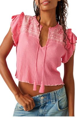 Free People Sarafina Embroidered Yoke Cotton Blend Crop Top in Peach Lemonade Combo