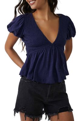 Free People Smocked Open Back Peplum Cotton Top in Evening Eclipse