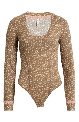 Free People Sugar Dreams Floral Thermal Knit Bodysuit in Earth Combo