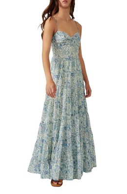 Free People Sundrenched Floral Smocked Bodice Maxi Sundress in Blue Combo