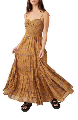Free People Sundrenched Floral Smocked Bodice Maxi Sundress in Dusty Olive Combo