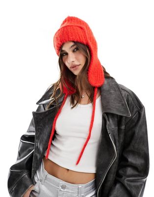Free People timber fuzzy knit trapper hat in red