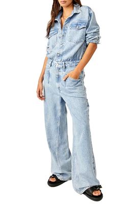 Free People Touch the Sky Long Sleeve Denim Jumpsuit in Cloud 9