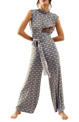 Free People Vibe Check Tie Waist Jumpsuit in Blue Combo