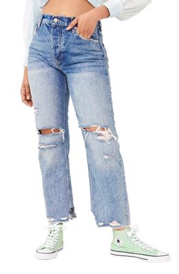 Free People We the Free Distressed Tapered Baggy Boyfriend Jeans in Mid Century Blue