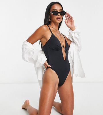 Free Society Petite monowire swimsuit with deep plunge cut out detail in black