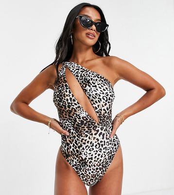 Free Society Petite one shoulder cut-out swimsuit in animal print-Multi