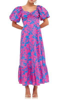 Free the Roses Floral Puff Sleeve Tie Back Maxi Dress in Blue/Fuchsia