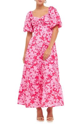 Free the Roses Floral Puff Sleeve Tie Back Maxi Dress in Red/Pink