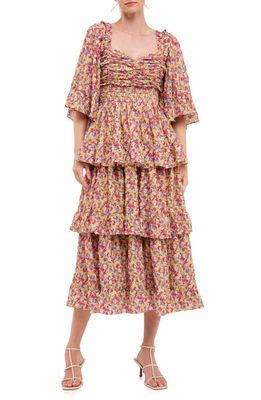 Free the Roses Floral Smocked Tiered Dress in Mustard Combo