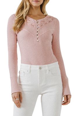 Free the Roses Lace Henley Long Sleeve Top in Dusty Pink