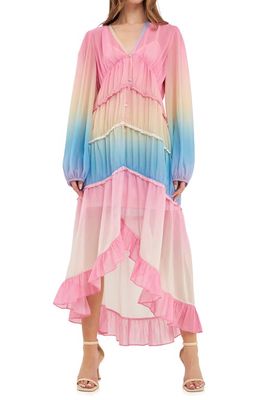 Free the Roses Rainbow Ruffle Long Sleeves High/Low Maxi Dress in Multi