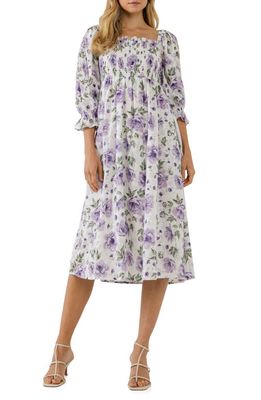 Free the Roses Smocked Floral Print Midi Dress in White/Purple