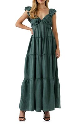 Free the Roses Sweetheart Neck Cotton Gauze Tiered Maxi Dress in Green