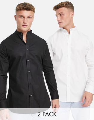 French Connection 2 pack band collar shirts in white and black