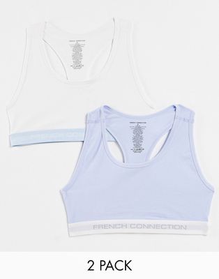 French Connection 2 pack crop tops with logo tape in white and saltwater blue-Multi