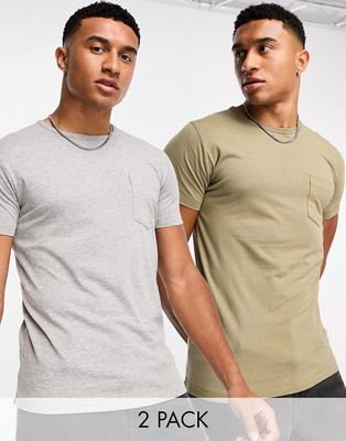 French Connection 2 pack pocket t-shirt in light olive & light gray-Multi