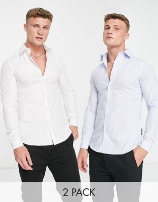 French Connection 2 pack skinny formal shirts in white and blue