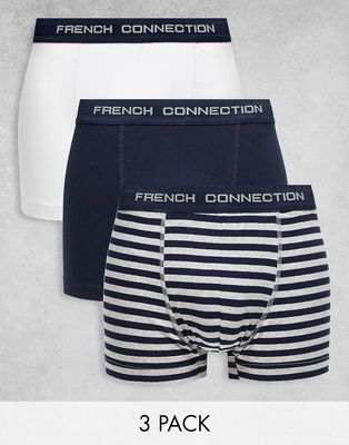 French Connection 3 pack boxers in white blue and black stripe