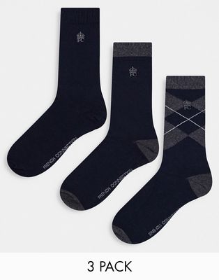 French Connection 3 pack socks in navy/burgundy argyle print