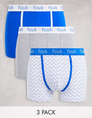 French Connection 3 pack trunks in blue all over logo print