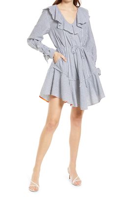 French Connection Acantha Stripe Long Sleeve V-Neck Shift Dress in Linen White-Utility Blue