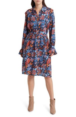 French Connection Adalina Floral Belted Long Sleeve Shirtdress in Coastal Fjord