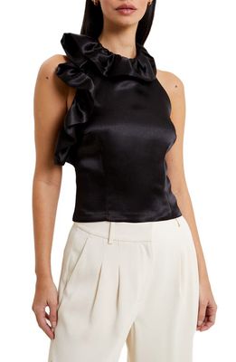 French Connection Adora Ruffle Satin Halter Top in Blackout