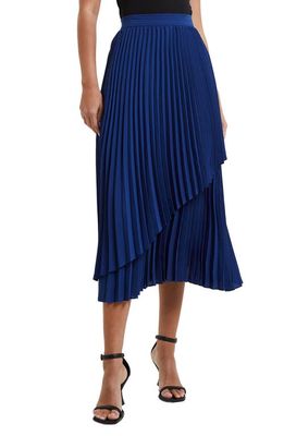 French Connection Arie Pleated Asymmetric Hem Midi Skirt in 40-Blue Depths