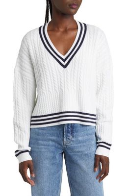 French Connection Babysoft V-Neck Cable Knit Sweater in Winter White/Duchess Blue
