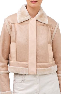 French Connection Belen Faux Fur Trim Faux Leather Pilot Jacket in Toasted Almond