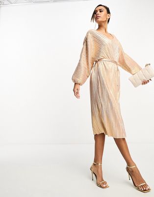 French Connection belted midi dress with balloon sleeves in rose gold shimmer